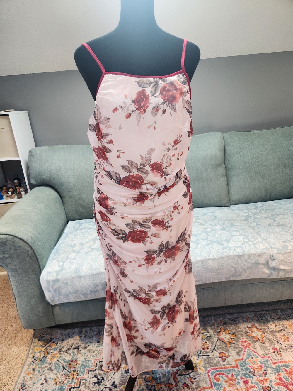Floral Slip Maxi Dress with Red Rose Print Y2K Vintage Elegant Tulle Overlay XL